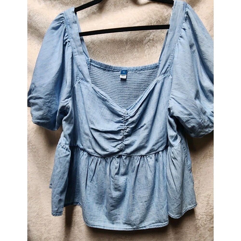 Old Navy Womens 3X Blouse Boho Peasant Crop Top VNeck Blue Stretch Denim